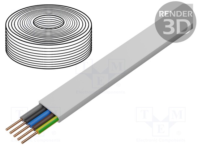 Wire; YDY; flat; solid; Cu; 5x2,5mm2; PVC; white; 450/750V; 100m