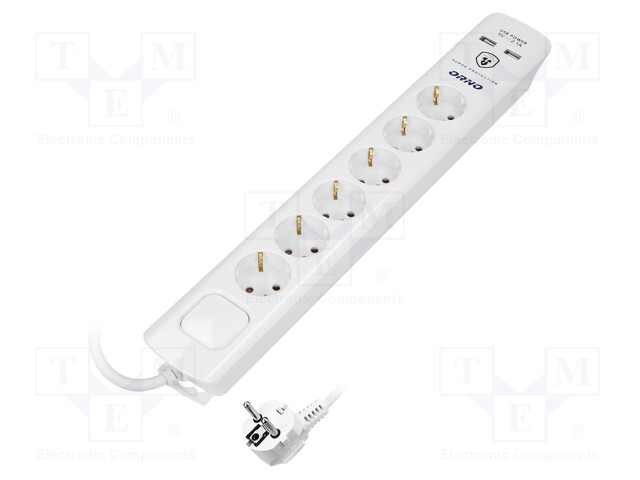 Plug socket strip: protective; Sockets: 6; 230VAC; 16A; white; 3m