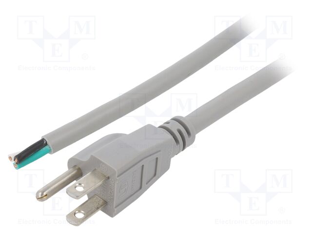 Cable; NEMA 5-15 (B) plug,wires; PVC; 1.8m; grey; 3x16AWG; 13A