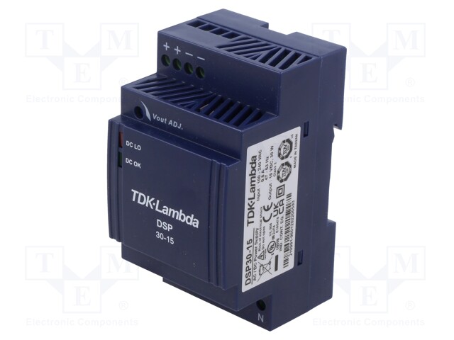 AC/DC DIN Rail Power Supply (PSU), ITE, 1 Output, 30 W, 15 VDC, 2 A