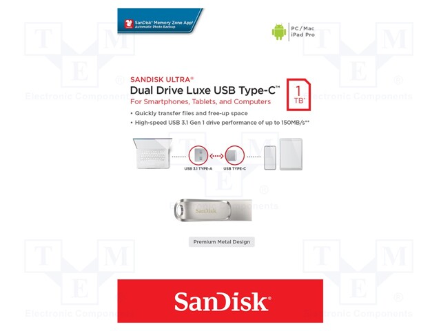 Pendrive; USB 3.1; 1TB; 150MB/s; USB A,USB C