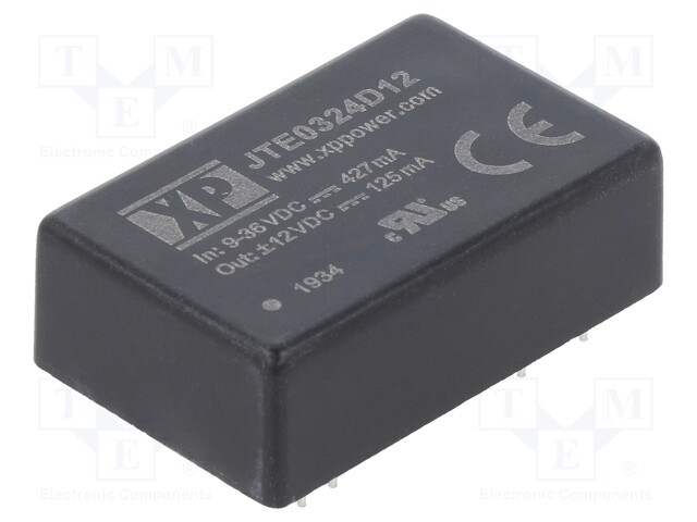Isolated Board Mount DC/DC Converter, 1.5kV Isolation, ITE, 2 Output, 3 W, 12 V, 125 mA, -12 V