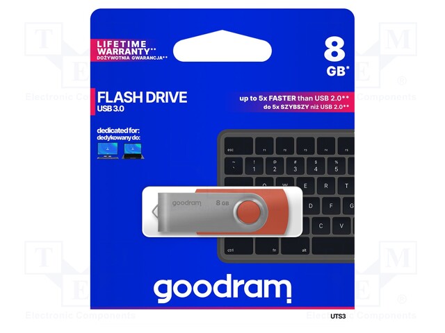 Pendrive; USB 3.0; 8GB; Read: 110MB/s; Write: 20MB/s; Colour: red