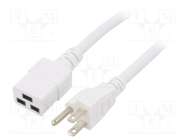 Cable; IEC C19 female,NEMA 5-15 (B) plug; PVC; 5m; white; 3x14AWG