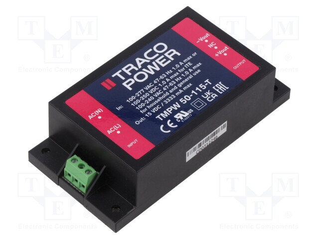 Power supply: switched-mode; for building in; 50W; 15VDC; 3333mA