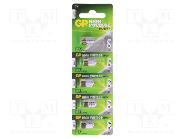 Battery: alkaline; 6V; A11; Batt.no: 5; Ø10x16mm; 38mAh
