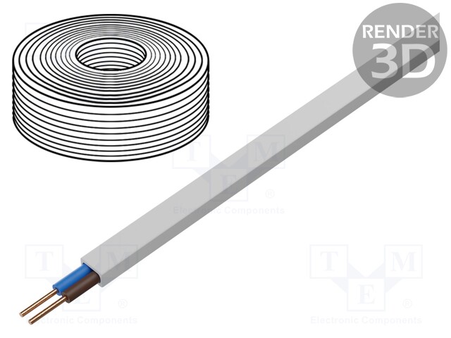 Wire; YDY; flat; solid; Cu; 2x1,5mm2; PVC; white; 450/750V; 100m