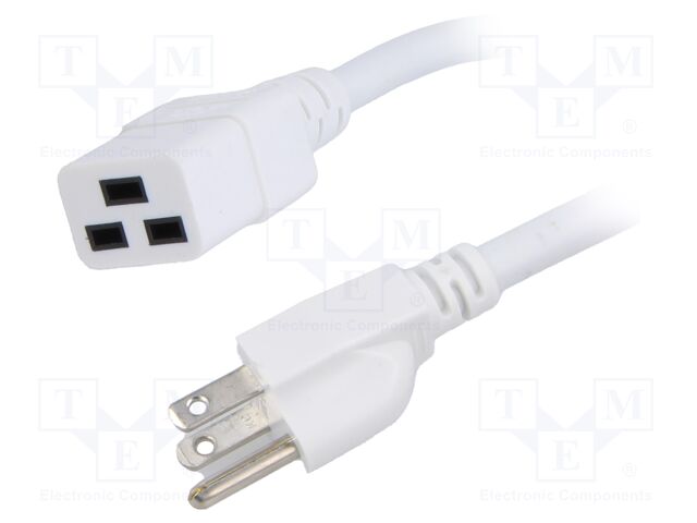Cable; IEC C19 female,NEMA 5-15 (B) plug; PVC; 1.5m; white; 15A