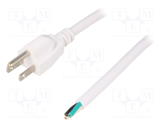 Cable; 3x16AWG; NEMA 5-15 (B) plug,wires; PVC; 1.8m; white; 13A