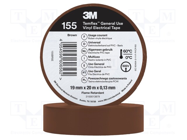 Tape: electrical insulating; W: 19mm; L: 20m; Thk: 0.13mm; brown