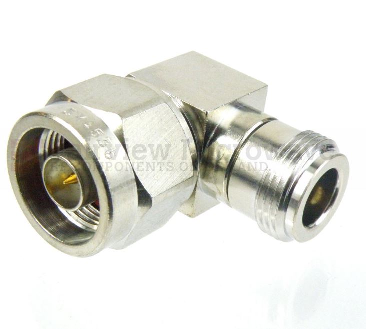 Adapter; N Male (Plug) to N Female (Jack), Silver Plated Brass Body, High Temp, 1.47 VSWR, 11GHz; 50Ω, 90° RA