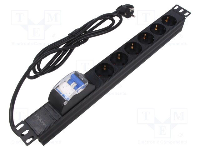Plug socket strip: supply; Sockets: 6; 230VAC; 16A; black; 2m; IP20