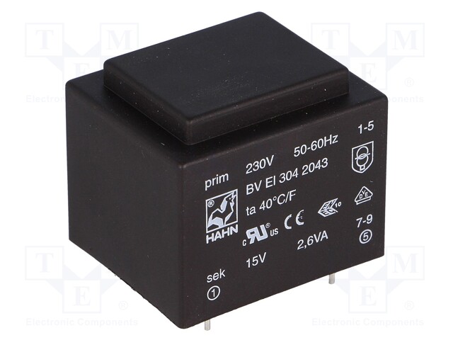 Transformer: encapsulated; 2.6VA; 230VAC; 15V; 174mA; Mounting: PCB