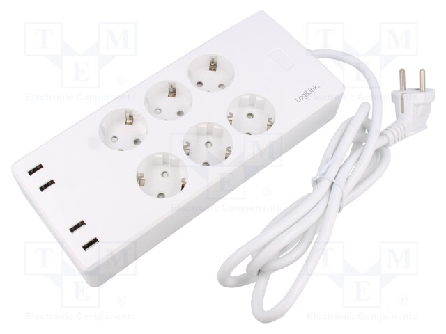 Plug socket strip: protective; Sockets: 6; 230VAC; 10A; white; IP20