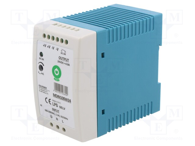Power supply: switched-mode; 100W; 24VDC; for DIN rail mounting