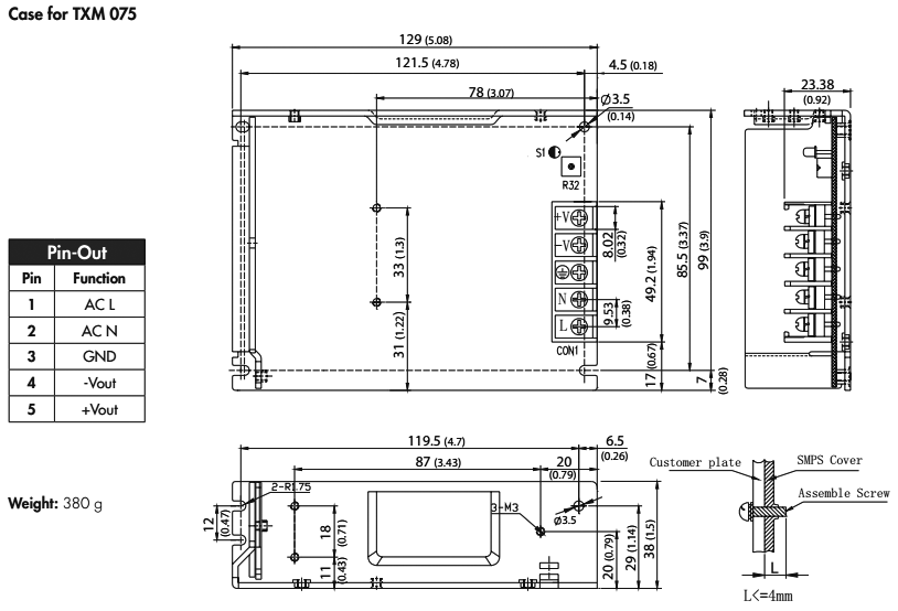 Power supply: switched-mode; modular; 75W; 48VDC; 129x99x38mm