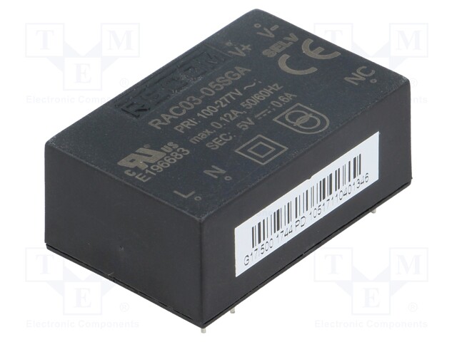 Converter: AC/DC; 3W; Uout: 5VDC; Iout: 600mA; 72%; Mounting: PCB