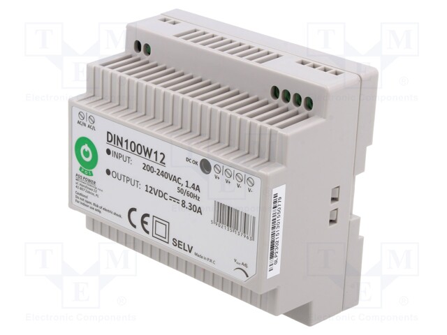 Power supply: switched-mode; 100W; 12VDC; for DIN rail mounting