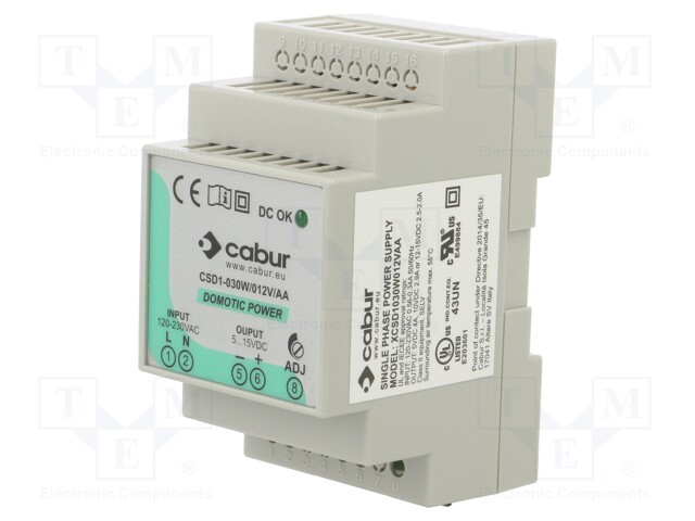 Power supply: switched-mode; for DIN rail; 30W; 12VDC; 2.5A; IP20