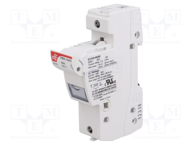 Fuse holder; cylindrical fuses; 14x51mm; Mounting: DIN; 50A; IP20