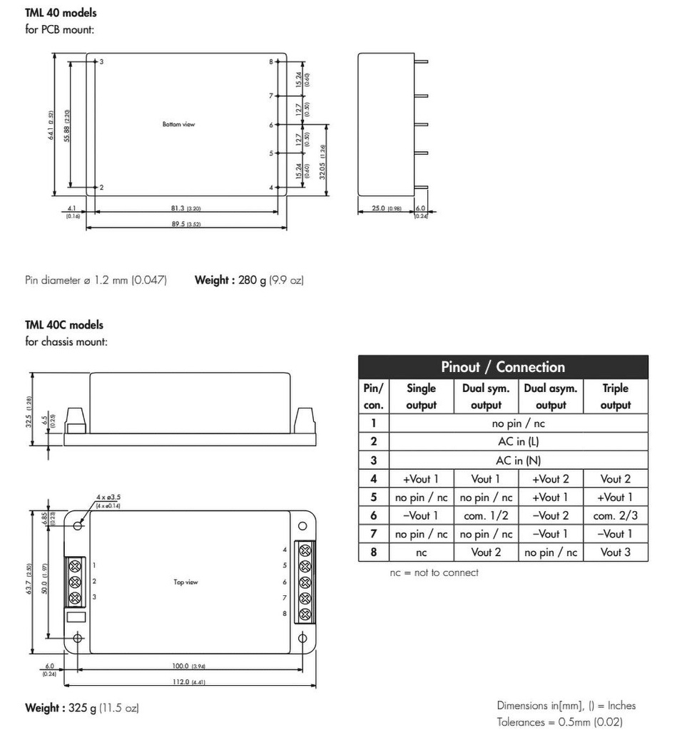 Converter: AC/DC; 40W; Uout: 15VDC; Iout: 2666mA; 84%; Mounting: PCB