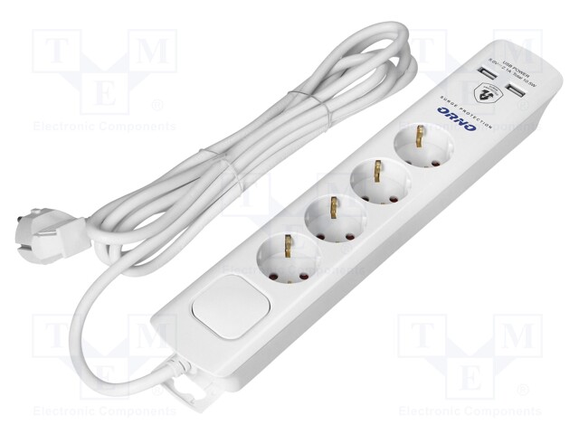 Plug socket strip: protective; Sockets: 4; 230VAC; 16A; white; 3m