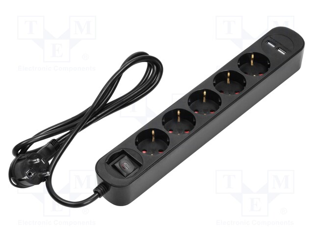 Plug socket strip: protective; Sockets: 5; 230VAC; 10A; black; IP20