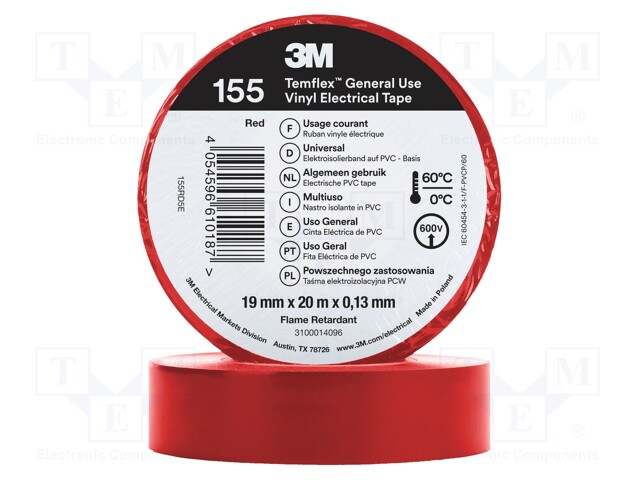Tape: electrical insulating; W: 19mm; L: 20m; Thk: 0.13mm; red; 150%