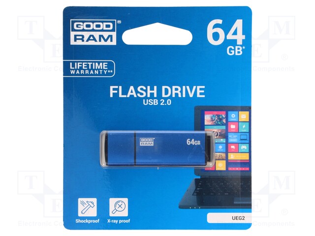 Pendrive; USB 2.0; 64GB; Read: 20MB/s; Write: 5MB/s; Colour: blue