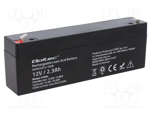 Re-battery: acid-lead; 12V; 2.3Ah; AGM; maintenance-free