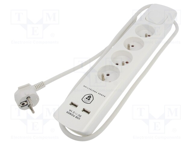 Plug socket strip: protective; Sockets: 4; 230VAC; 10A; 1.4m