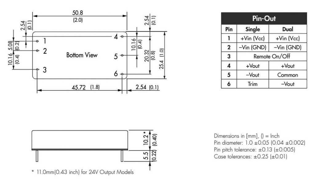 Converter: DC/DC; 40W; Uin: 36÷75V; 12VDC; Iout: 3330mA; 2"x1"; 30g