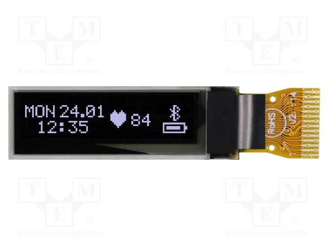 Display: OLED; graphical; 1.18"; 96x16; Dim: 29.1x9.2x1.3mm; white