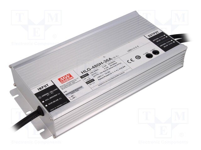 Power supply: switched-mode; LED; 480W; 36VDC; 30.6÷37.8VDC; IP65