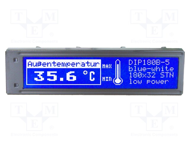 Display: LCD; graphical; 180x32; STN Positive; blue; 102x26.8mm