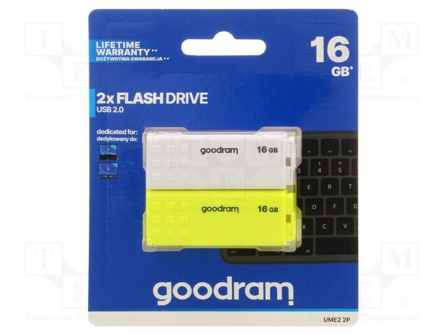 Pendrive; USB 2.0; 16GB; R: 20MB/s; W: 5MB/s; USB A; white,yellow