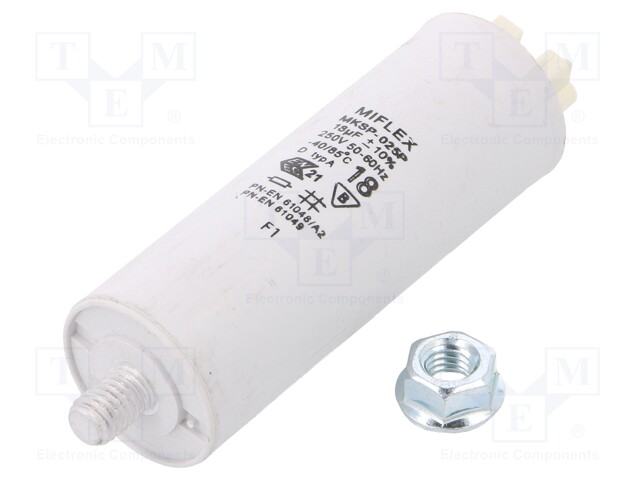 Capacitor: for discharge lamp; 18uF; 250VAC; ±10%; Ø30x73mm; V: 6