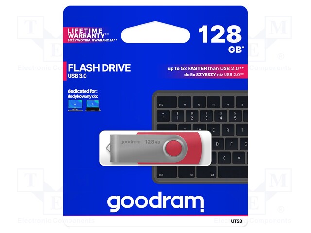 Pendrive; USB 3.0; 128GB; Read: 110MB/s; Write: 20MB/s; Colour: red