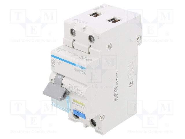 RCBO breaker; Inom: 16A; Ires: 30mA; Max surge current: 250A; DIN