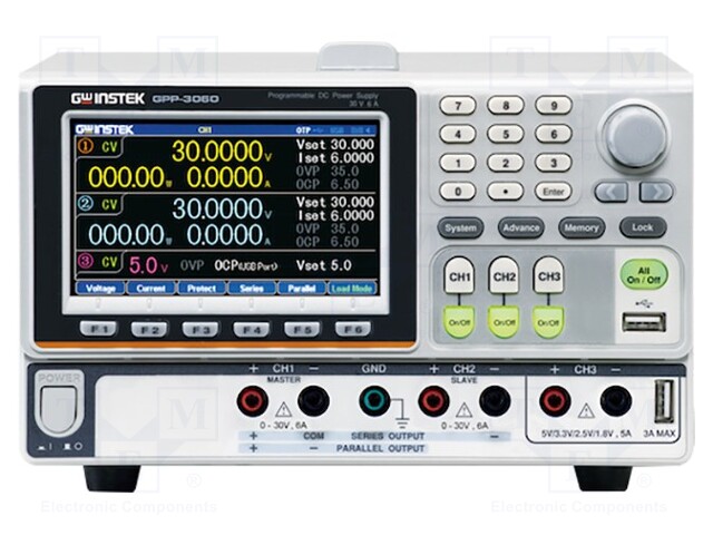 Power supply: programmable laboratory; Channels: 3; 0÷30VDC; 0÷6A