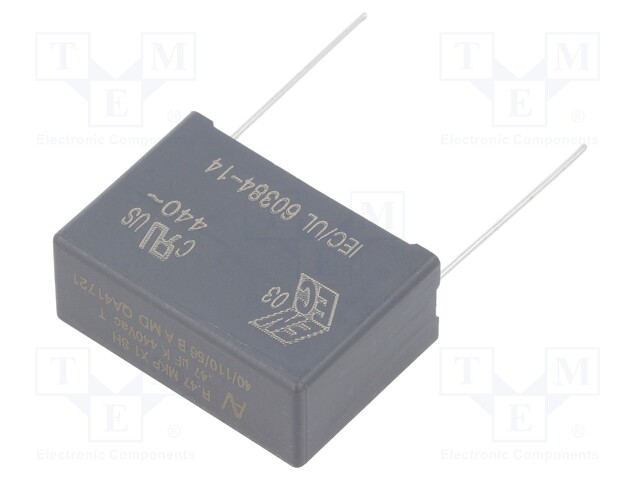 Capacitor: polypropylene; X1; 0.47uF; 440VAC; ±10%; THT; -40÷110°C