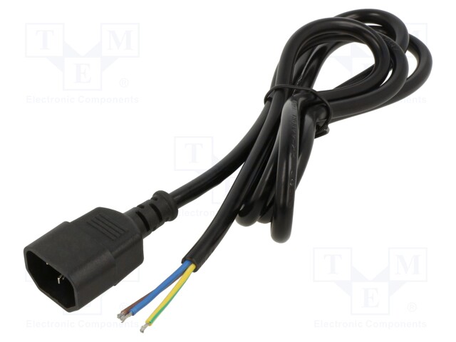 Cable; IEC C14 male,wires; PVC; 1.5m; black; 3G0,5mm2; 250V