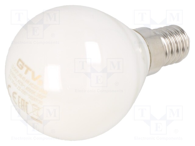 LED lamp; milky; E14; 230VAC; 420lm; 4W; 360°; 4000K