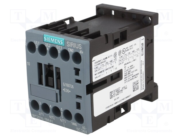 Contactor: 3-pole; NO x3; Auxiliary contacts: NO; 24VDC; 9A; 3RT20