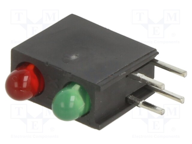 Circuit Board Indicator, Green, Red, 2 LEDs, Through Hole, T-1 (3mm), R 40mcd, G 30mcd