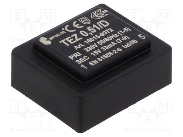 Transformer: encapsulated; 0.51VA; 230VAC; 15V; PCB; IP00; 44g; TEZ