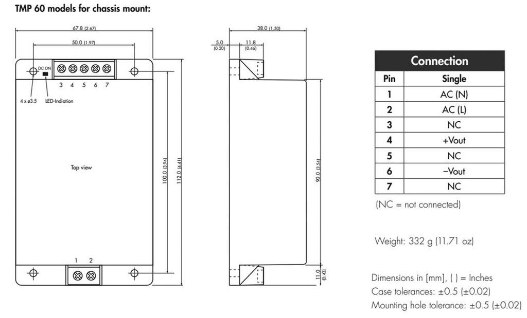 Converter: AC/DC; 60W; Uout: 15VDC; Iout: 4A; 83%; Mounting: on panel