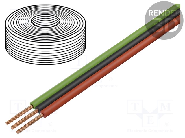 Wire: ribbon; stranded; 3x0,14mm2; red,black,green; 25m