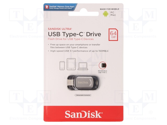 Pendrive; USB 3.1; 64GB; 130MB/s; USB C; ULTRA