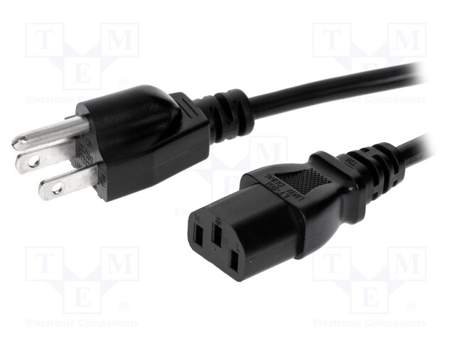 Cable; NEMA 5-15 (B) plug,IEC C13 female; 3m; black; PVC; 3x18AWG